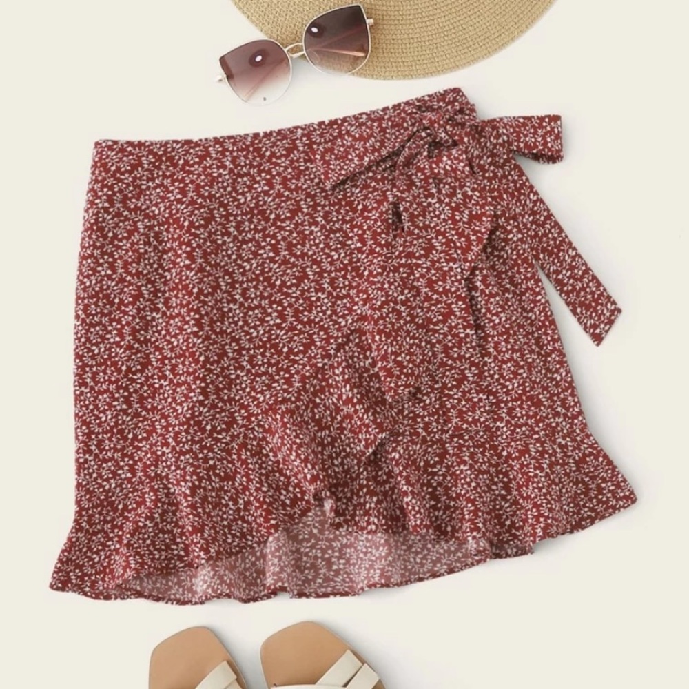 Shein red ruffle floral wrap skirt